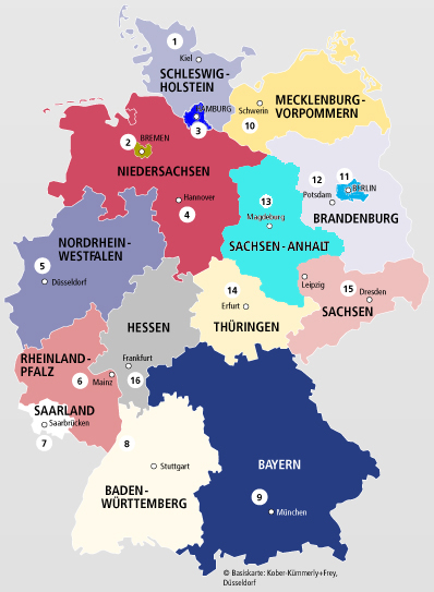 Landkarte der Bundesländer mit den Standorten der Förderbanken der Länder